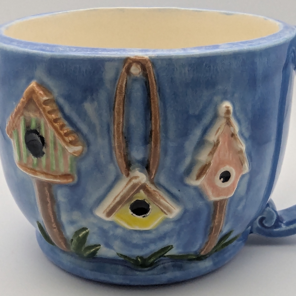 Hand Made Blue Ceramic Pottery Mug with Birdhouse Design